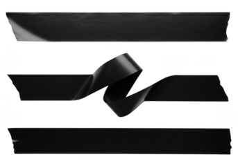 Realistic black duct tape strips collection, masking tape pieces, adhesive tapes, sticky paper tape texture isolated on transparent background