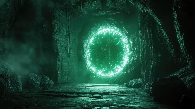 Glowing green portal in dark mysterious cave entrance - Powered by Adobe
