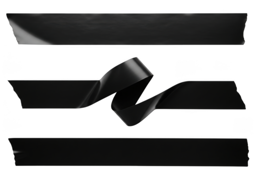 Realistic black duct tape strips collection, masking tape pieces, adhesive tapes, sticky paper tape texture isolated on transparent background