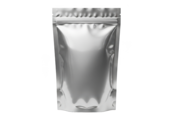 Silver foil pouch mockup, stand up pouch, food packaging bag, sealed bag, metallic pouch, product mockup, blank pouch mockup isolated on transparent background