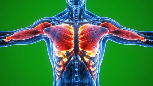 Detailed 3D Medical Animation Visualization of Human Chest Pectoral Muscles and Ribcage Anatomy Isolated on Vibrant Chroma Key Green Background for VFX Compositing