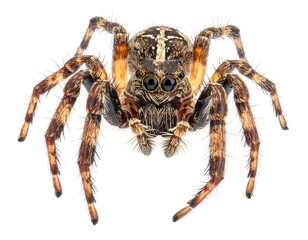 A detailed, frontal view of a brown and tan jumping spider with prominent eyes, long legs, and textured body
