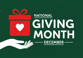 National giving month december text with red gift box and hand illustration on green background