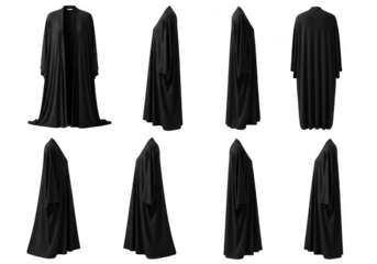 Collection of black fabric draped objects isolated on transparent background