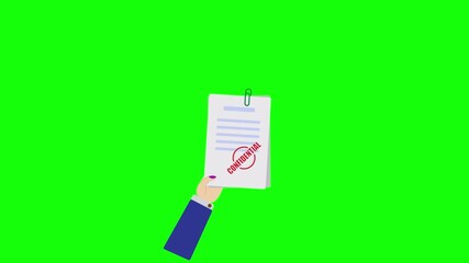 Animated icon showing a hand handing over a document, followed by a confidential stamping action to symbolize approval business deal and agreement in green screen background 