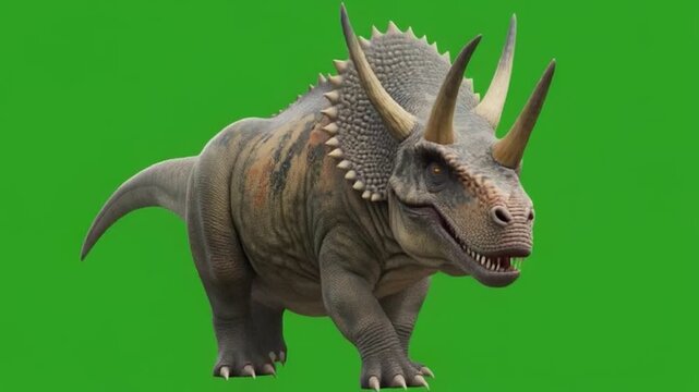 A majestic triceratops dinosaur walks on a green screen background