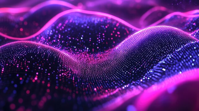 Digital data flowing with glowing purple particles forming waves - Powered by Adobe