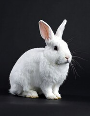 Obraz premium A fluffy, white rabbit poses with perked ears against a stark, black backdrop. It's alert, seemingly gazing with soft eyes and long whiskers