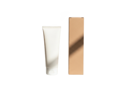 White cosmetic tube and cardboard box isolated on transparent background