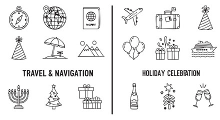 Doodle art style illustration with travel vacation and holiday icons