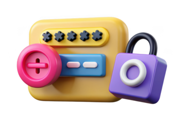 3d password security system with padlock, access code, and button, data protection, authentication and authorization isolated on transparent background
