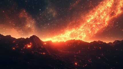 Naklejka premium Volcanic mountains under burning magma galaxy stream