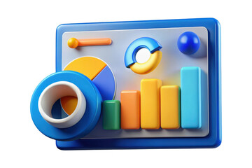 3d data analysis dashboard with charts and graphs, business analytics and financial report illustration, isolated on transparent background