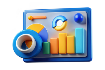 3d data analysis dashboard with charts and graphs, business analytics and financial report illustration, isolated on transparent background