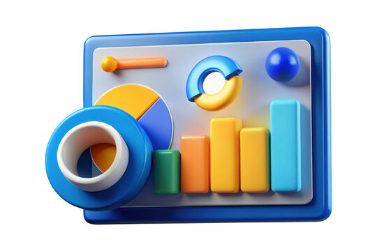 3d data analysis dashboard with charts and graphs, business analytics and financial report illustration, isolated on transparent background