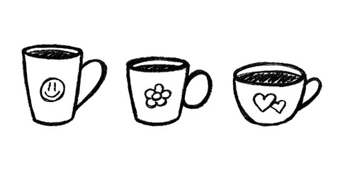 Set of cute hand drawn cup of tea or coffee Simple mug clipart Cozy home doodle Single element for design