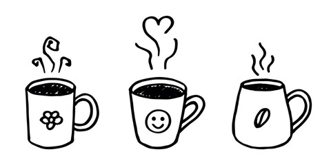 Set of cup of tea or coffee with rising steam Simple mug clipart Cozy home doodle Single element for print, web, design, decor