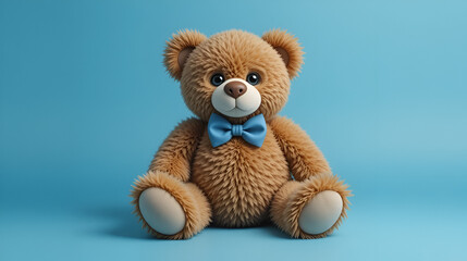 A delightful brown teddy bear with a blue bow tie sits patiently on a blue background.