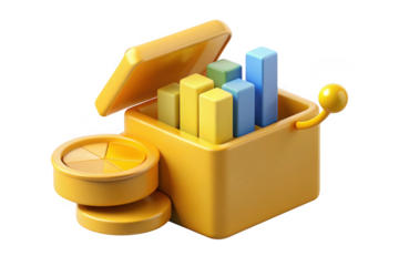 3d rendered yellow toolbox filled with colorful bar graph and pie chart elements, business data visualization isolated on transparent background
