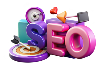 3d seo optimization strategy illustration with target, arrow, heart, and monitor isolated on transparent background