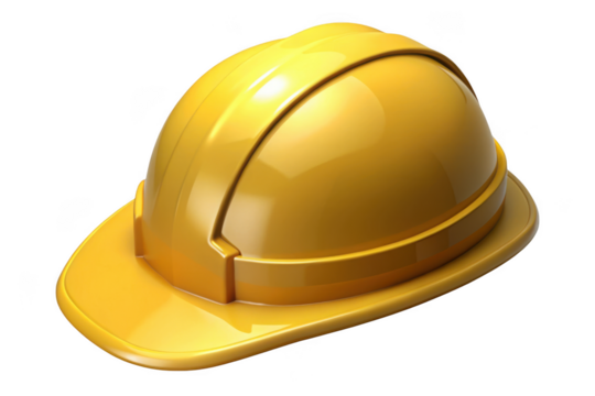 High resolution yellow construction hard hat, safety equipment, protective gear, builder helmet, engineer head protection, worker headgear, isolated on transparent background