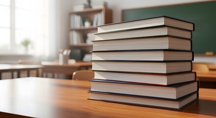 Stack of books in a classroom