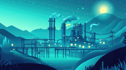 Industrial factory complex operating at night producing pollution