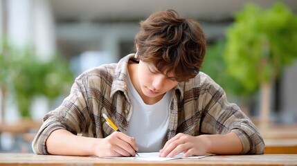 Young caucasian male teen writing with focus outdoors in casual attire