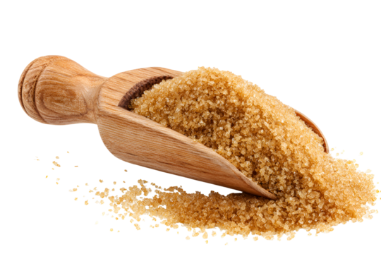 Wooden scoop filled with light brown sugar isolated on transparent background