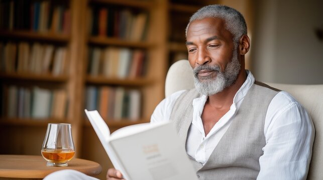 A sophisticated mature African American man reading a book in his home library. Senior gentleman relaxing in an armchair with a glass of whiskey. Leisure and retirement lifestyle - Powered by Adobe