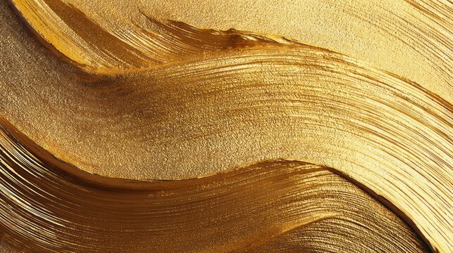 Abstract golden brushstrokes sweeping across surface illuminated to reveal tactile depth Shadows accentuate curvature while glow with metallic
