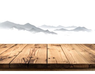 Wooden table foreground, misty mountains background
