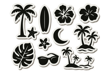 Fototapeta premium Sticker-style black and white icons: palm, surfboard, hibiscus, starfish, moon, island, sunglasses, leaf.