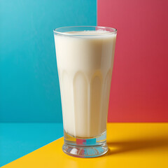 Coconut milk served in a glass against a vibrant backdrop