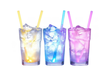 Colorful summer drinks clipart with ice cubes and straws, refreshing beverages illustration, party cocktails, isolated on transparent background