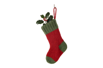Single rustic knitted Christmas stocking hanging isolated on transparent background