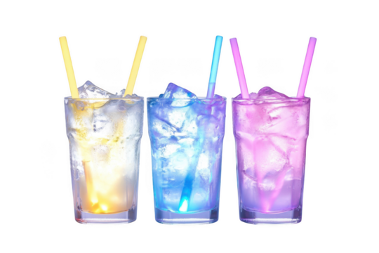 Colorful summer drinks clipart with ice cubes and straws, refreshing beverages illustration, party cocktails, isolated on transparent background - Powered by Adobe