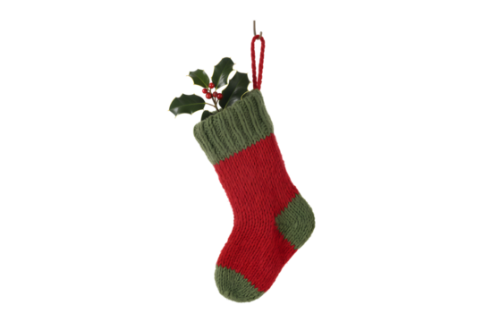 Single rustic knitted Christmas stocking hanging isolated on transparent background