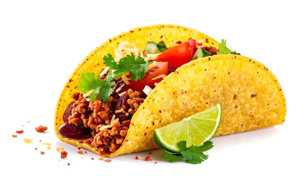 A close-up shot of a savory Mexican taco filled with seasoned ground meat, beans, fresh vegetables, herbs, and cheese, complemented by a lime wedge - Powered by Adobe