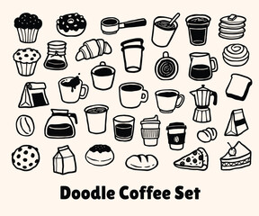 Coffee, Cafe, Bread, Cake Doodle Illustrations Vector Set