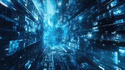 Digital information flowing through futuristic network data tunnel