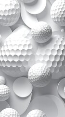 White abstract 3D composition of spheres, circles, and golf balls