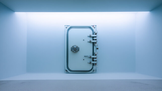 decontamination. An airlock door closing with faint mist in a pristine white isolation chamber. product launch decks, UI/UX mockups, designed for data visualization dashboards and holographic UIs.