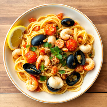 Fregula con frutti di mare, tipica pasta sarda condita con cozze, gamberi, calamari e vongole, Cucina Italiana di mare