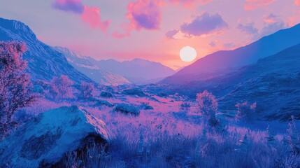 Pink sunset illuminating blue mountain valley landscape
