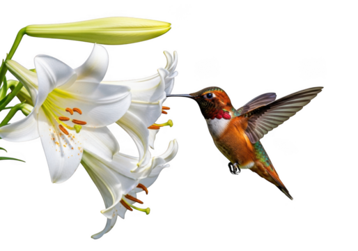 Rufous hummingbird flying near white lily flowers pollinating nectar wildlife photography isolated on transparent background
