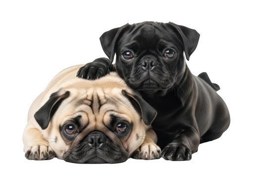 Adorable pug puppies: black and fawn pugs cuddling together, cute dog breed portrait, pet animal photography, isolated on transparent background