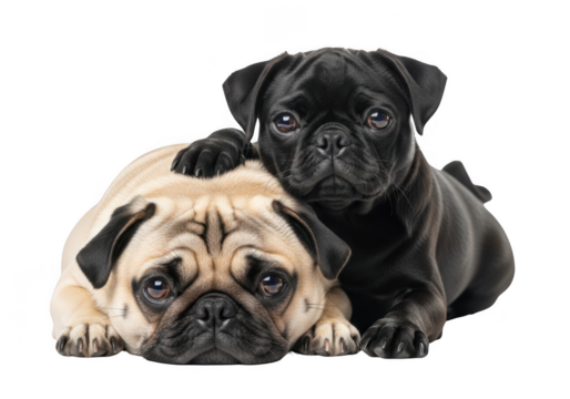 Adorable pug puppies: black and fawn pugs cuddling together, cute dog breed portrait, pet animal photography, isolated on transparent background