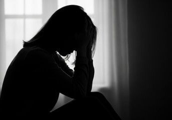 Silhouette of a woman in despair, head in hands, sitting by a window, symbolizing sadness, loneliness, and mental health struggles, black and white
