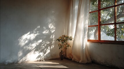 Minimalist interior with sunbeam diffused through thin curtain illuminating white wall, corporate presentation and marketing template, modern clean layout with overlay space for UI and dashboard.
